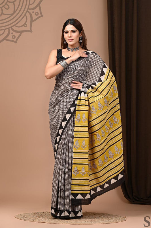 Soft Block Printed  Mulmul Cotton Saree (BLACK & WHITE)