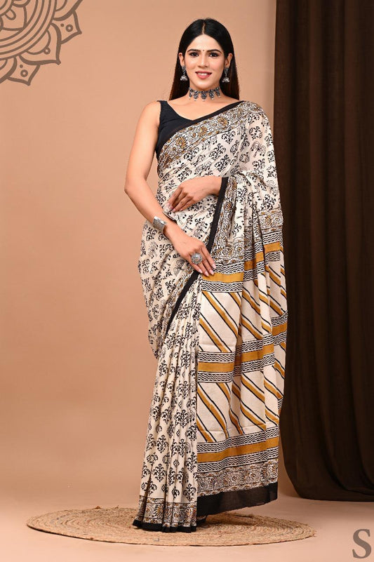 Soft Block Printed  Mulmul Cotton Saree (CREAM & BLACK)