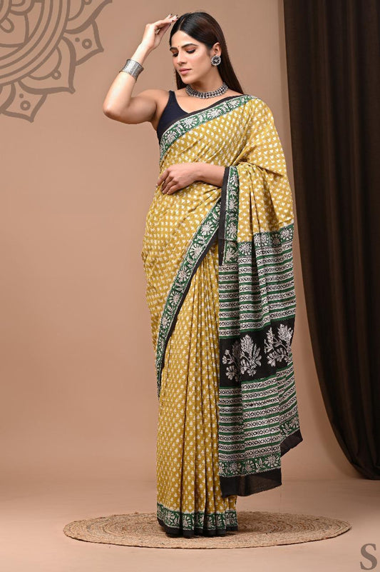 Soft Block Printed  Mulmul Cotton Saree (MUSTARD YELLOW & GREEN)