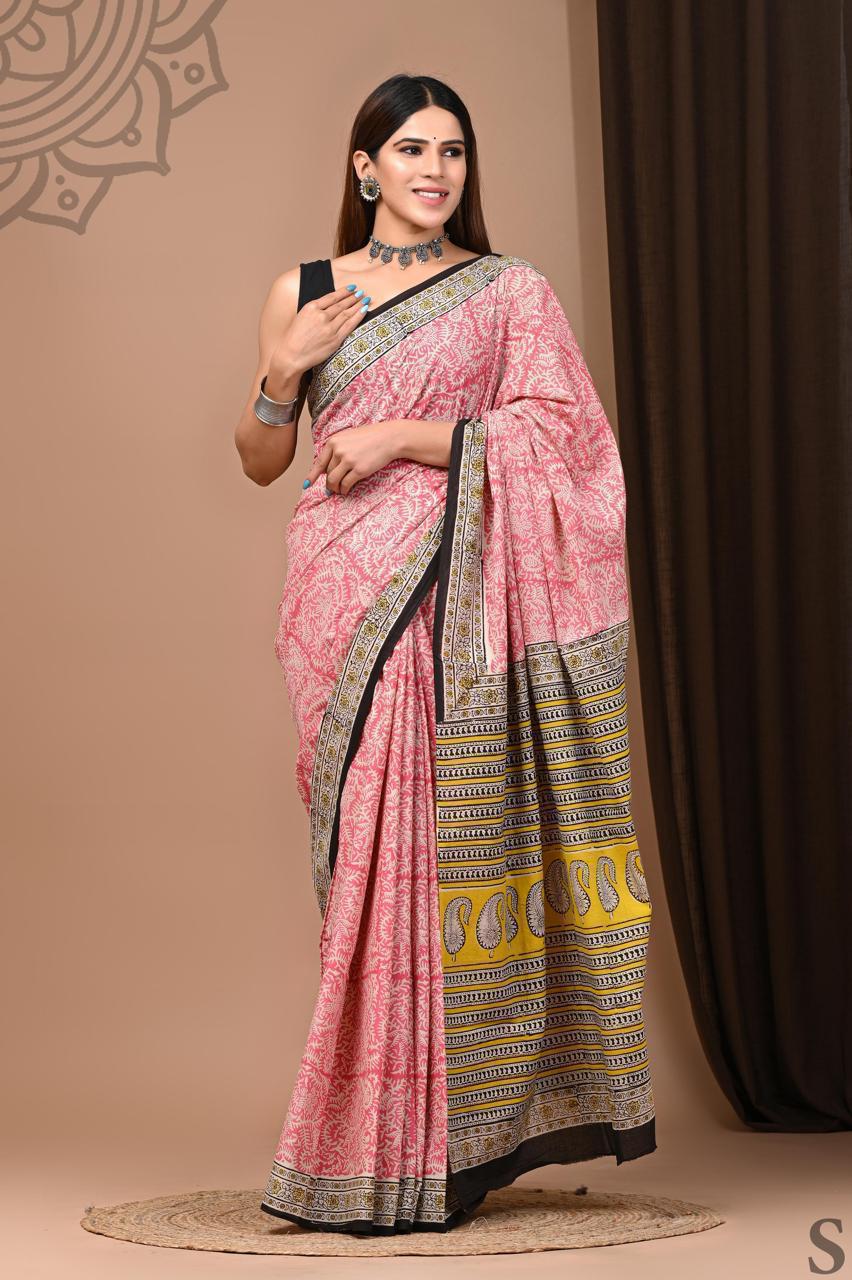 Soft Block Printed  Mulmul Cotton Saree (PINK)