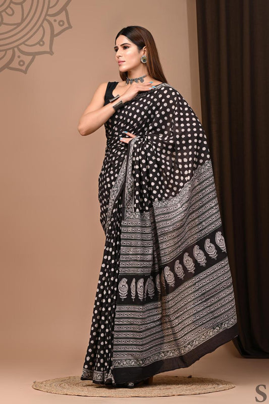 Soft Block Printed  Mulmul Cotton Saree (BLACK & WHITE)