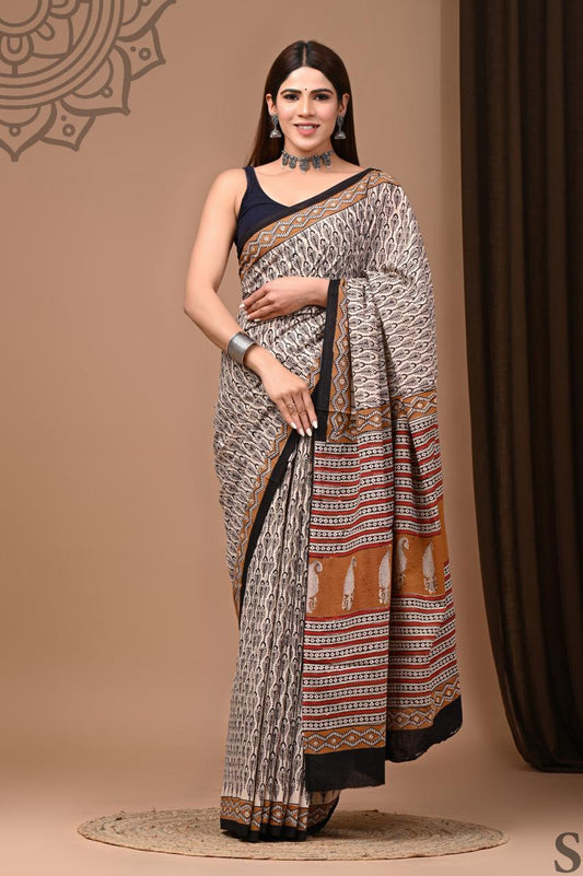 Soft Block Printed  Mulmul Cotton Saree (OFF WHITE & BLACK)