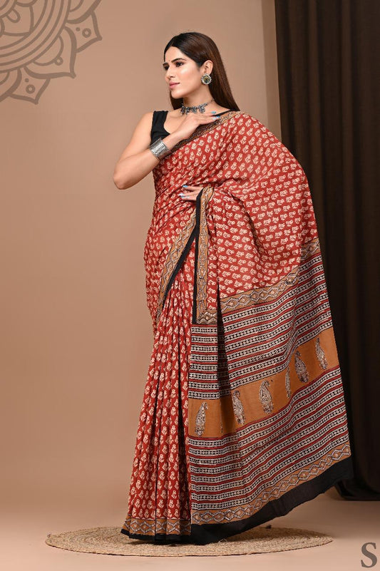 Soft Block Printed  Mulmul Cotton Saree (MAROON)