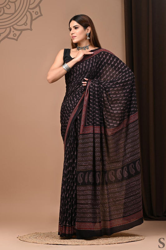Soft Block Printed  Mulmul Cotton Saree (BLACK)