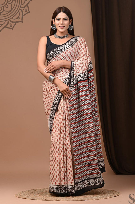 Soft Block Printed  Mulmul Cotton Saree (CREAM & MAROON)