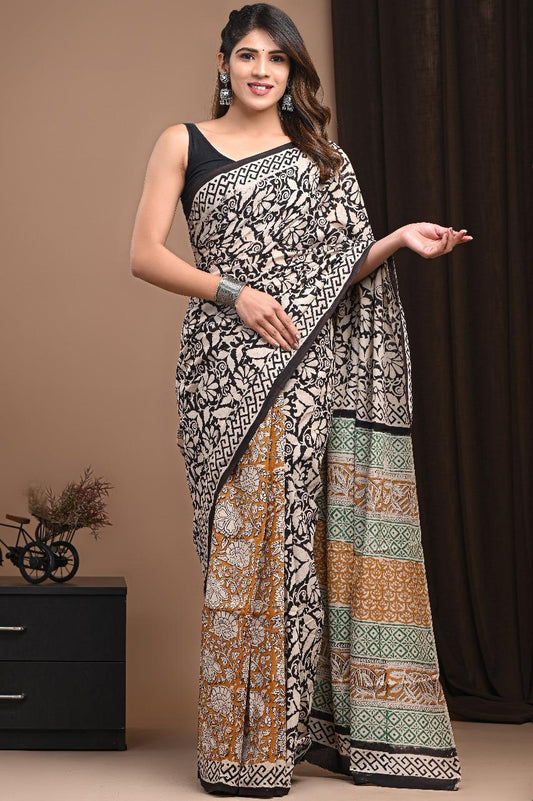 Soft Block Printed  Mulmul Cotton Saree (MULTICOLOUR)