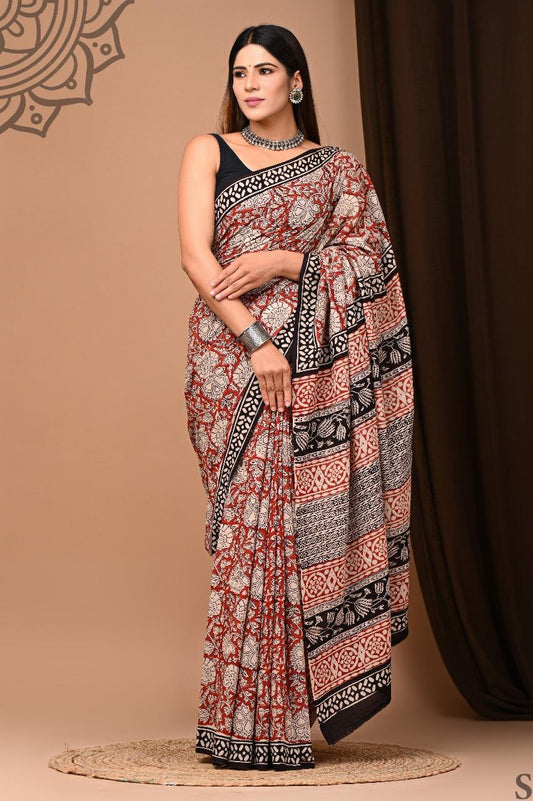 Soft Block Printed  Mulmul Cotton Saree (MAROON & BLACK)