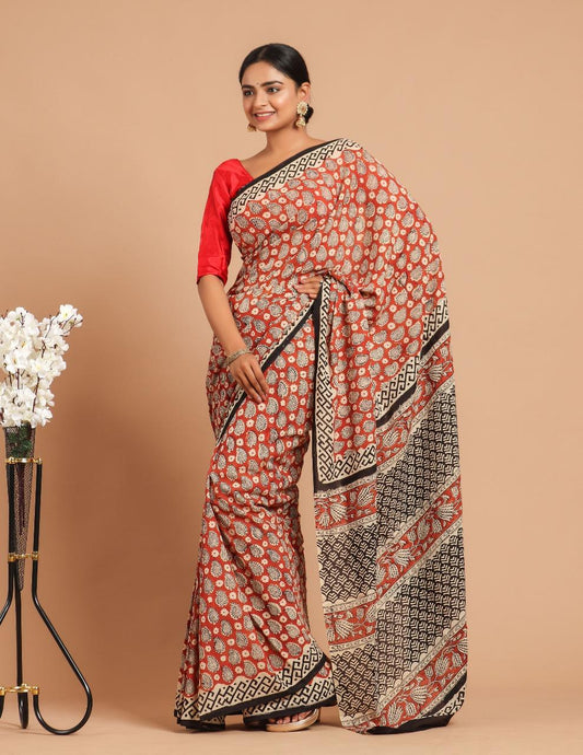 Soft Block Printed  Mulmul Cotton Saree (MAROON & BLACK)