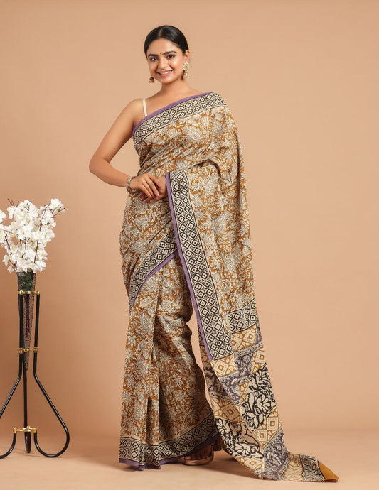 Soft Block Printed  Mulmul Cotton Saree (BROWN)