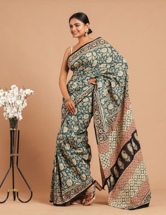 Soft Block Printed  Mulmul Cotton Saree (TEAL)