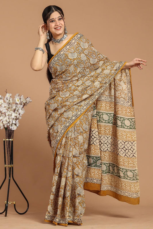 Soft Block Printed  Mulmul Cotton Saree (BROWN)