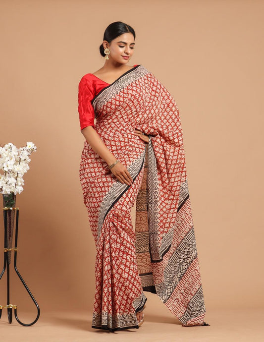 Soft Block Printed  Mulmul Cotton Saree (MAROON & CREAM)