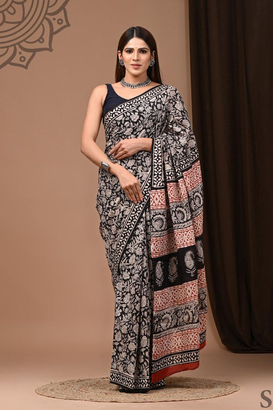 Soft Block Printed  Mulmul Cotton Saree (BLACK)
