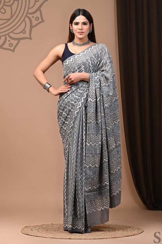 Soft Block Printed  Mulmul Cotton Saree (GREY)