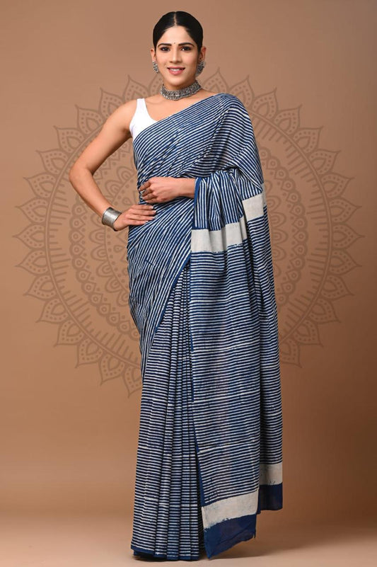Soft Block Printed  Mulmul Cotton Saree (INDIGO)