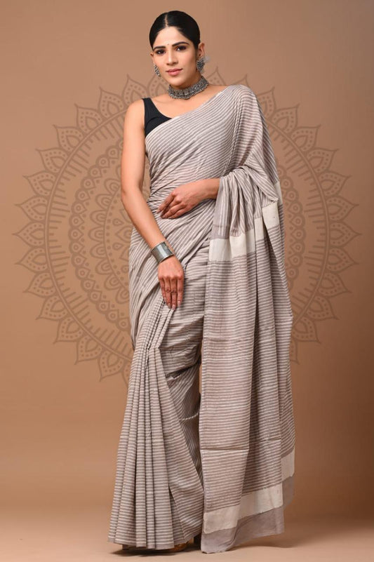 Soft Block Printed  Mulmul Cotton Saree (MUSHROOM)