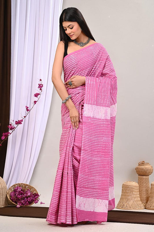 Soft Block Printed  Mulmul Cotton Saree (PINK)