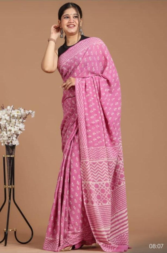 Soft Block Printed  Mulmul Cotton Saree (PINK)