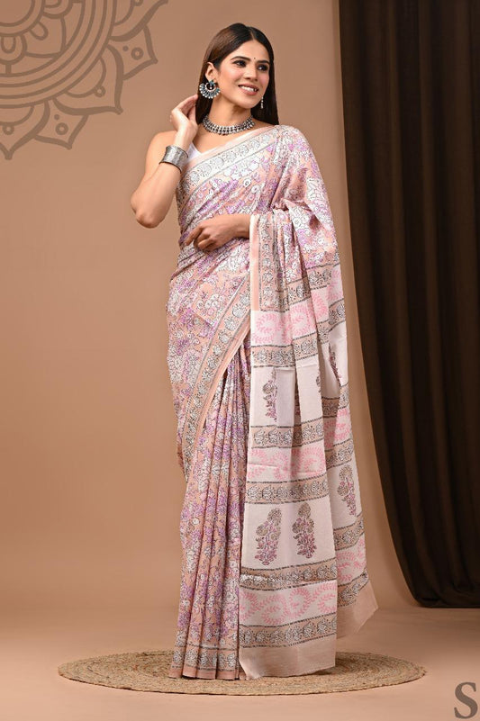 Soft Block Printed  Mulmul Cotton Saree (MULTICOLOUR)