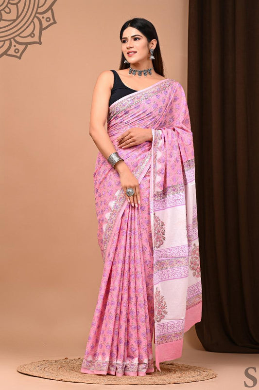 Soft Block Printed  Mulmul Cotton Saree (PINK)