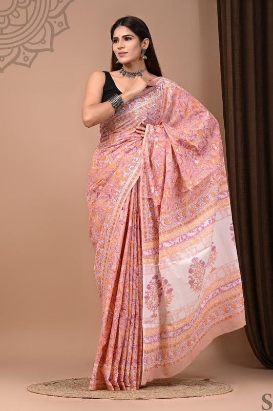 Soft Block Printed  Mulmul Cotton Saree (PASTEL PINK)