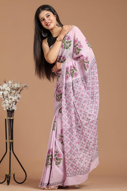 Soft Block Printed  Mulmul Cotton Saree (PINK)