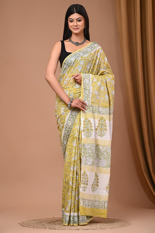 Soft Block Printed  Mulmul Cotton Saree (YELLOW)