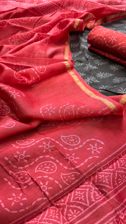 Maheshwari Silk Cotton Salwar Suit (BLACK & RED)