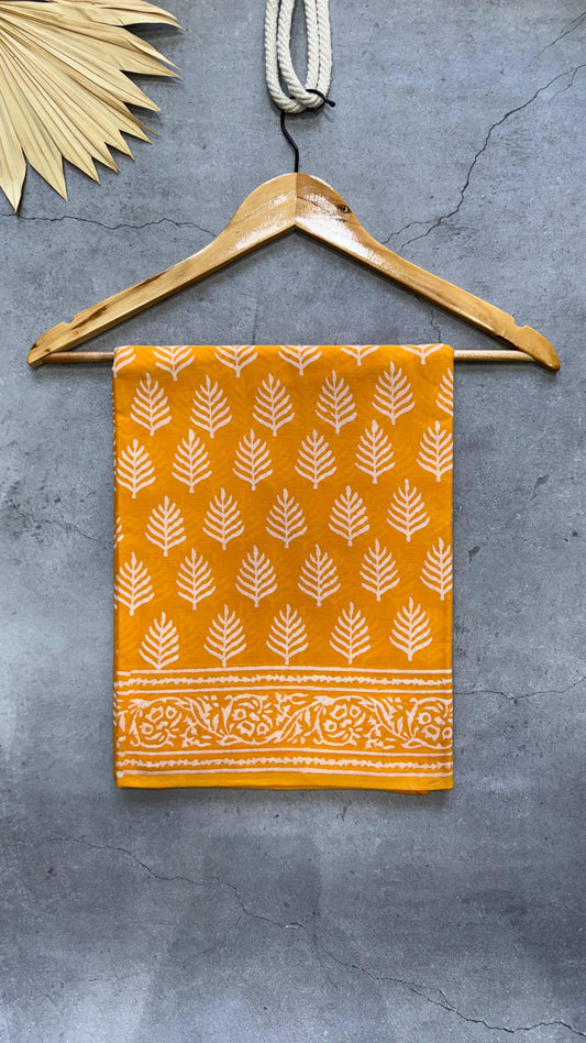 Soft Block Printed  Mulmul Cotton Saree (YELLOW)
