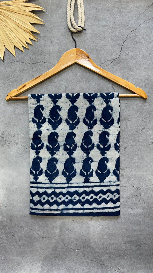 Soft Block Printed  Mulmul Cotton Saree (INDIGO)