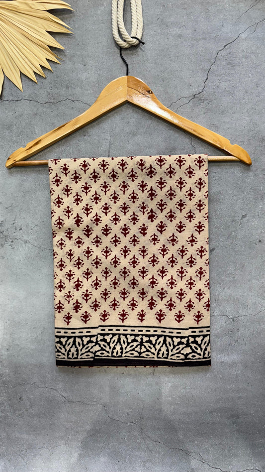 Soft Block Printed  Mulmul Cotton Saree (OFF WHITE & MAROON)