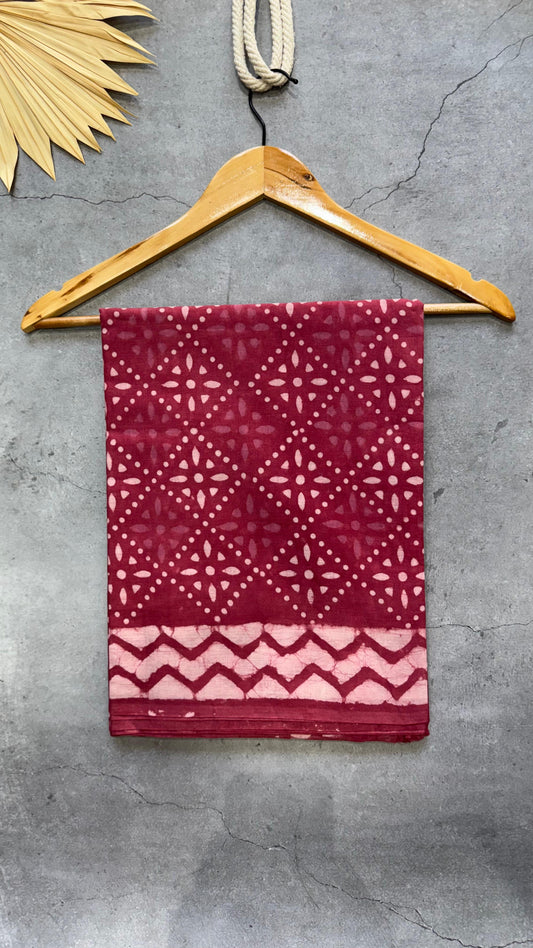 Soft Block Printed  Mulmul Cotton Saree (DARK PINK)