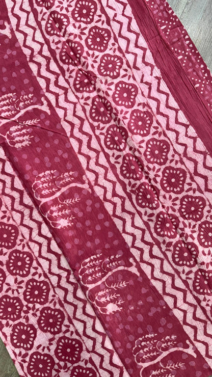 Soft Block Printed  Mulmul Cotton Saree (DARK PINK)