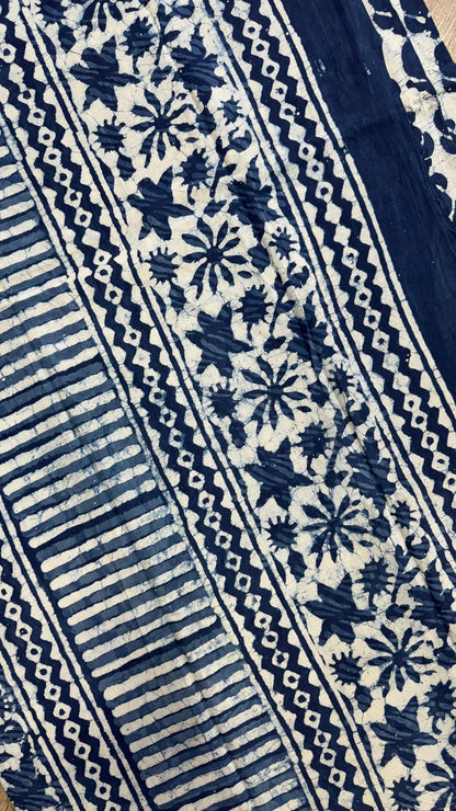 Soft Block Printed  Mulmul Cotton Saree (INDIGO)