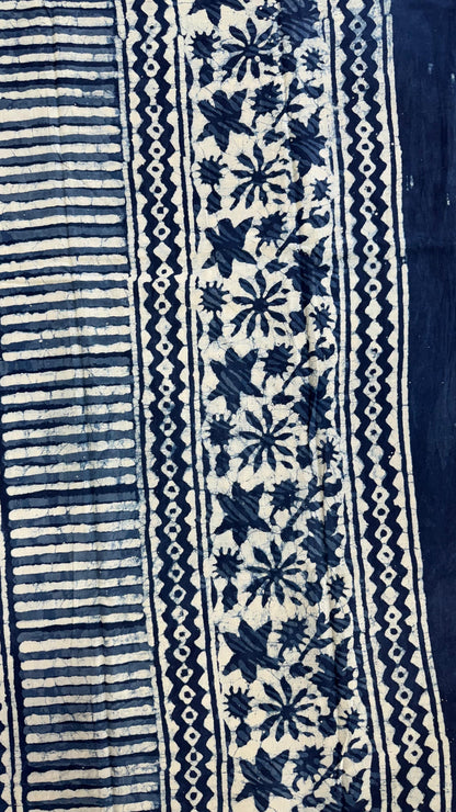 Soft Block Printed  Mulmul Cotton Saree (INDIGO)