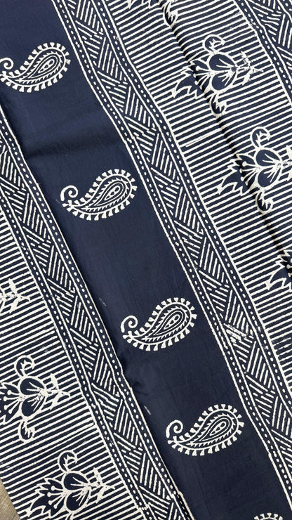 Soft Block Printed  Mulmul Cotton Saree (BLACK)