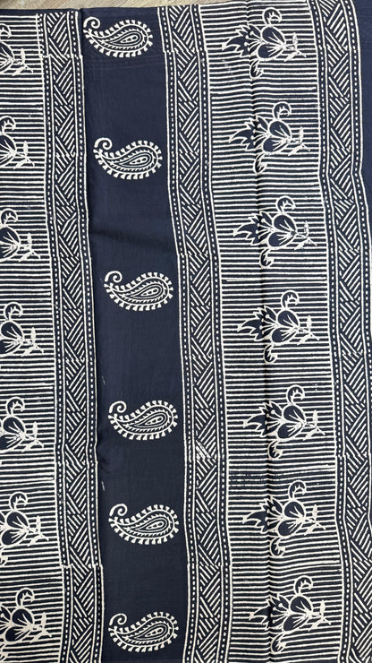 Soft Block Printed  Mulmul Cotton Saree (BLACK)