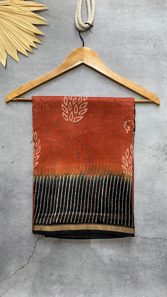 Handblock Printed Chanderi Silk Cotton Saree (RUSTIC ORANGE)