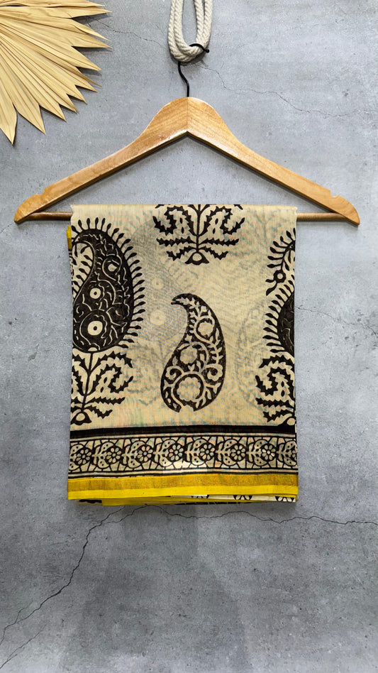 Handblock Printed Chanderi Silk Cotton Saree (YELLOW & CREAM)