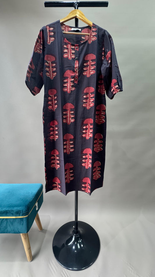 Soft Cotton Mushroom Print Kurti (CHARCOAL BROWN)