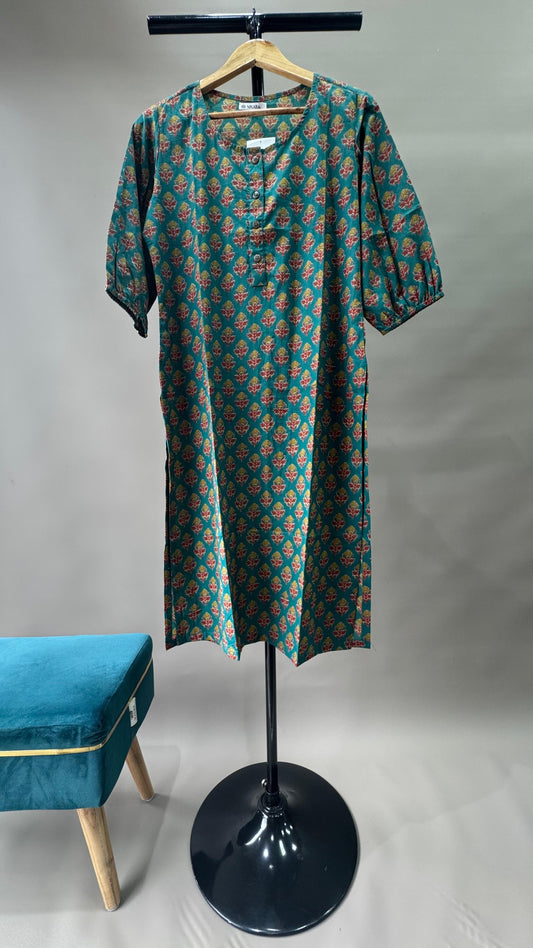 Soft Cotton Floral Printed Kurti (PINE GREEN)
