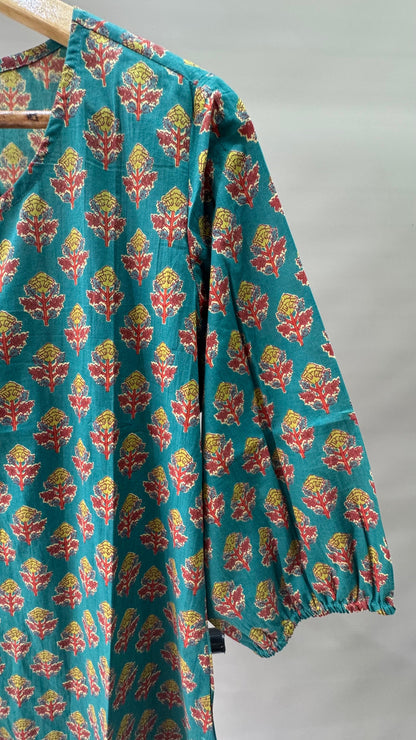 Soft Cotton Floral Printed Kurti (PINE GREEN)