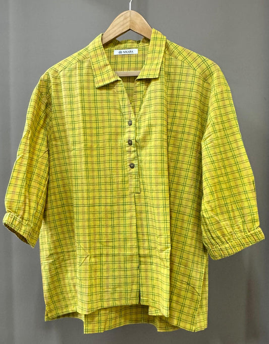 Handwoven Cotton Check Shirt for Women (EARTHY YELLOW)
