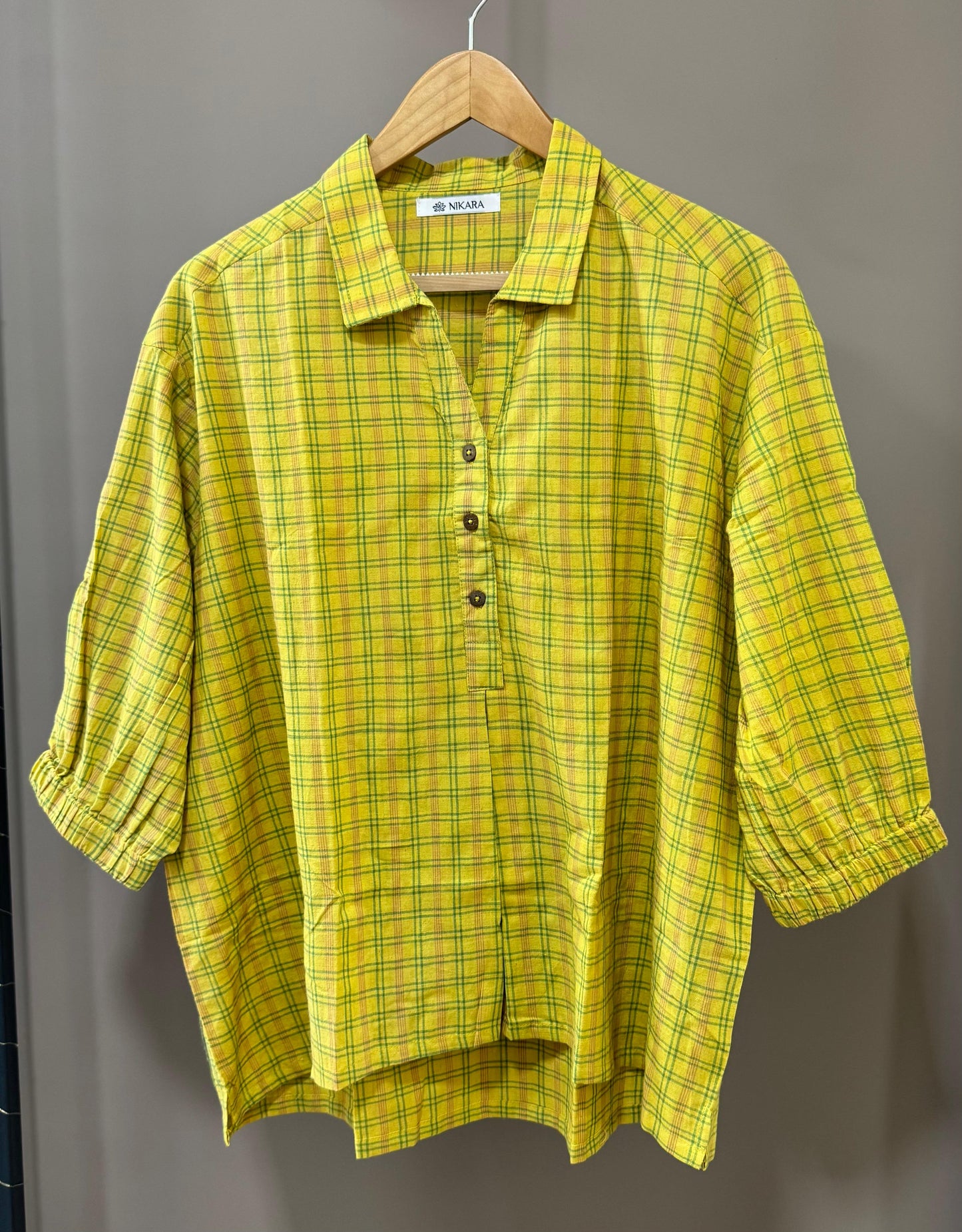 Handwoven Cotton Check Shirt for Women (EARTHY YELLOW)