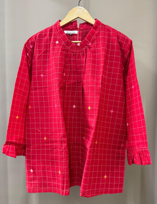 Handspun Cotton Jamdani Tunic (ELECTRIC RED)