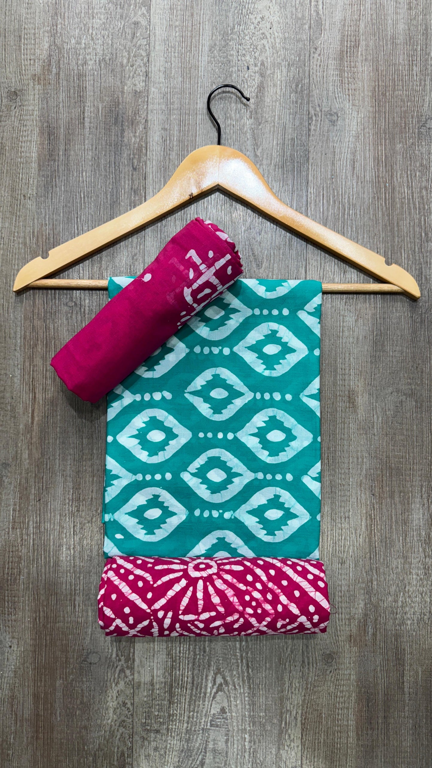 Soft Block Printed Cotton Salwar Suit with Mul Dupatta (GREEN & DARK PINK)