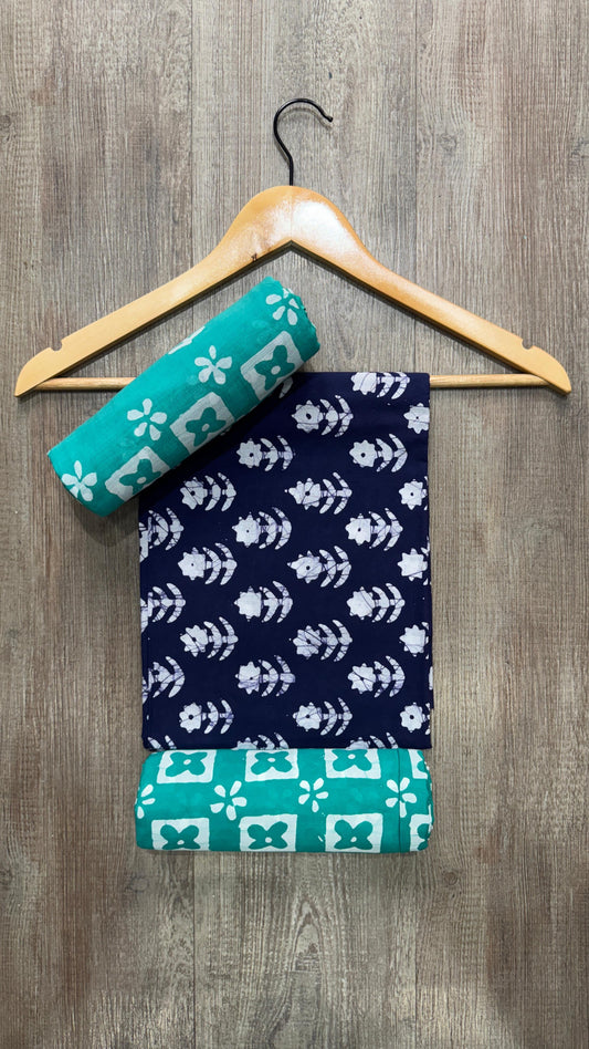 Soft Block Printed Cotton Salwar Suit with Mul Dupatta (NAVY BLUE & GREEN)