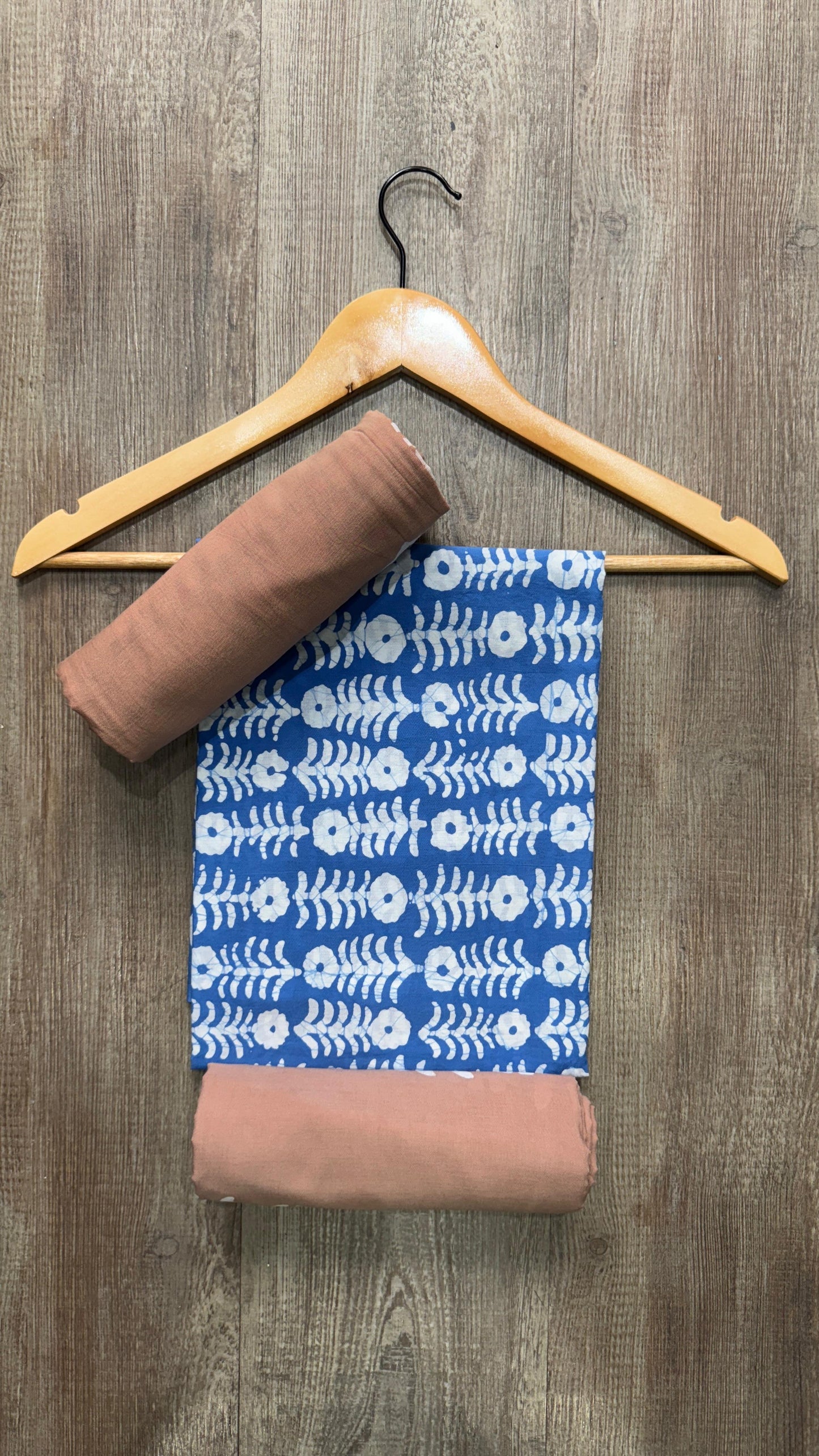 Soft Block Printed Cotton Salwar Suit with Mul Dupatta (BLUE & BROWN)