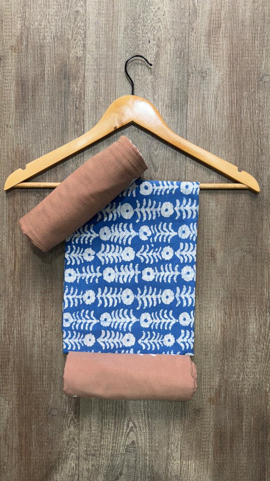 Soft Block Printed Cotton Salwar Suit with Mul Dupatta (BLUE & BROWN)