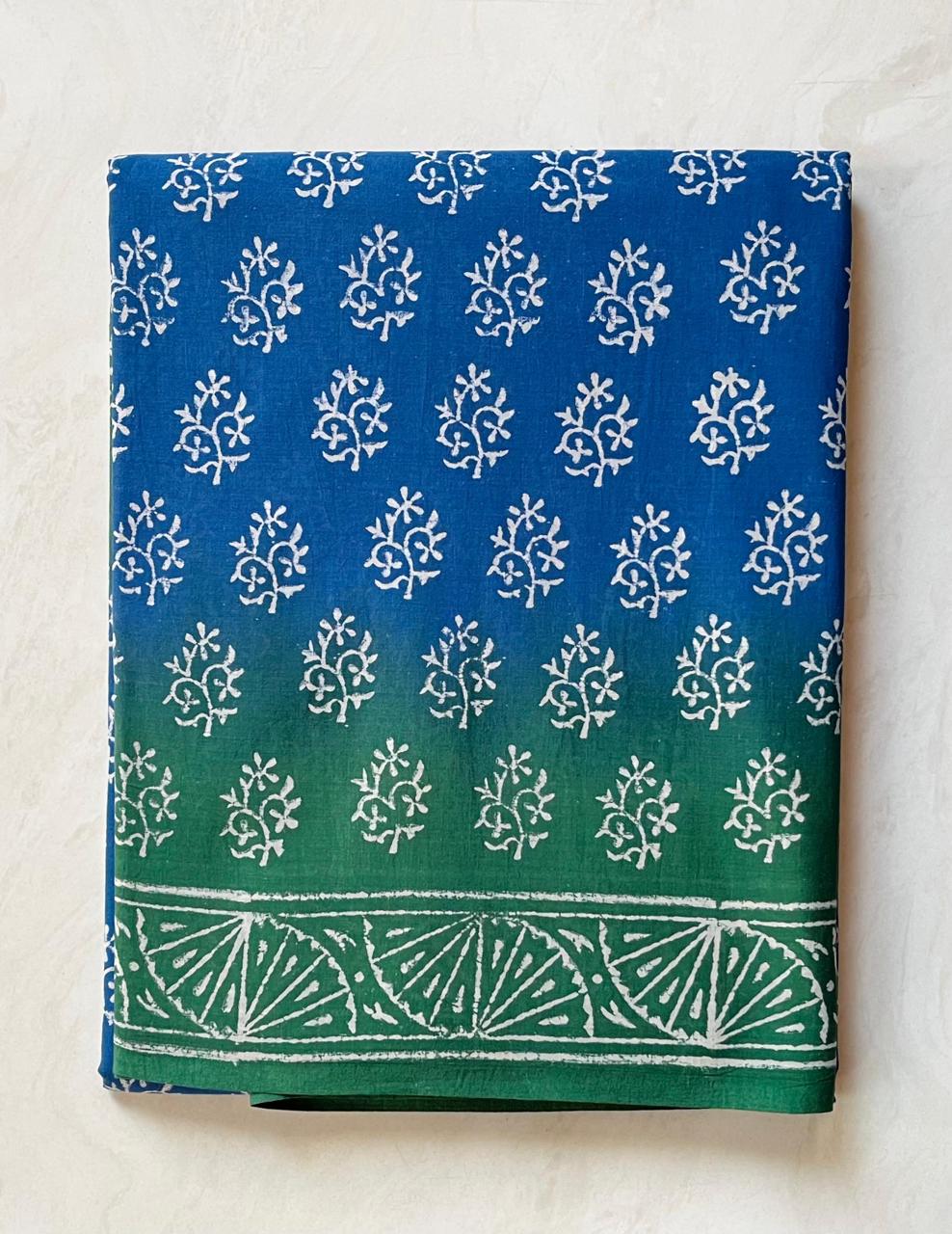 Soft Block Printed  Mulmul Cotton Saree (BLUE & GREEN)